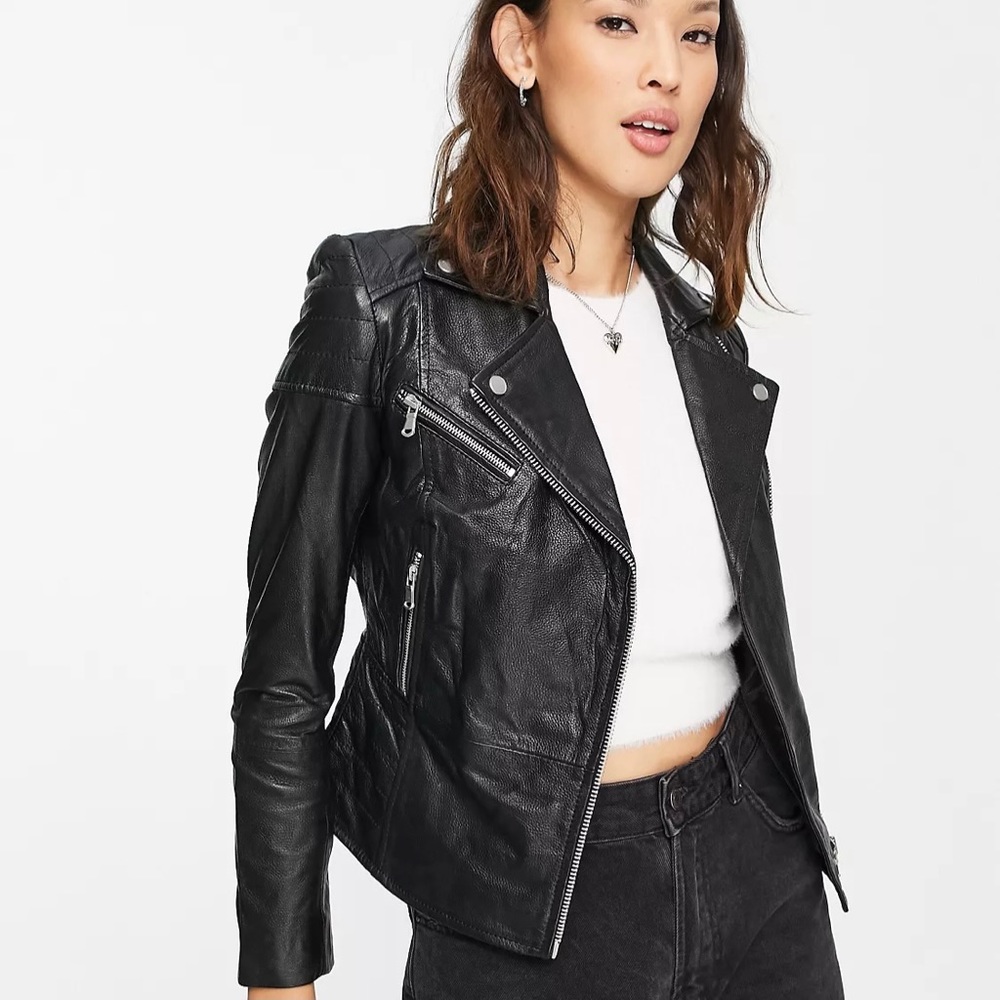 Fitted leather biker jacket - BARNEYS ORIGINALS. UK Sz. 12, US Sz. 8/M.